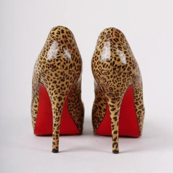 Christian Louboutin Leopard Print Patent Leather Peep Toe Heels - Picture 3 of 8